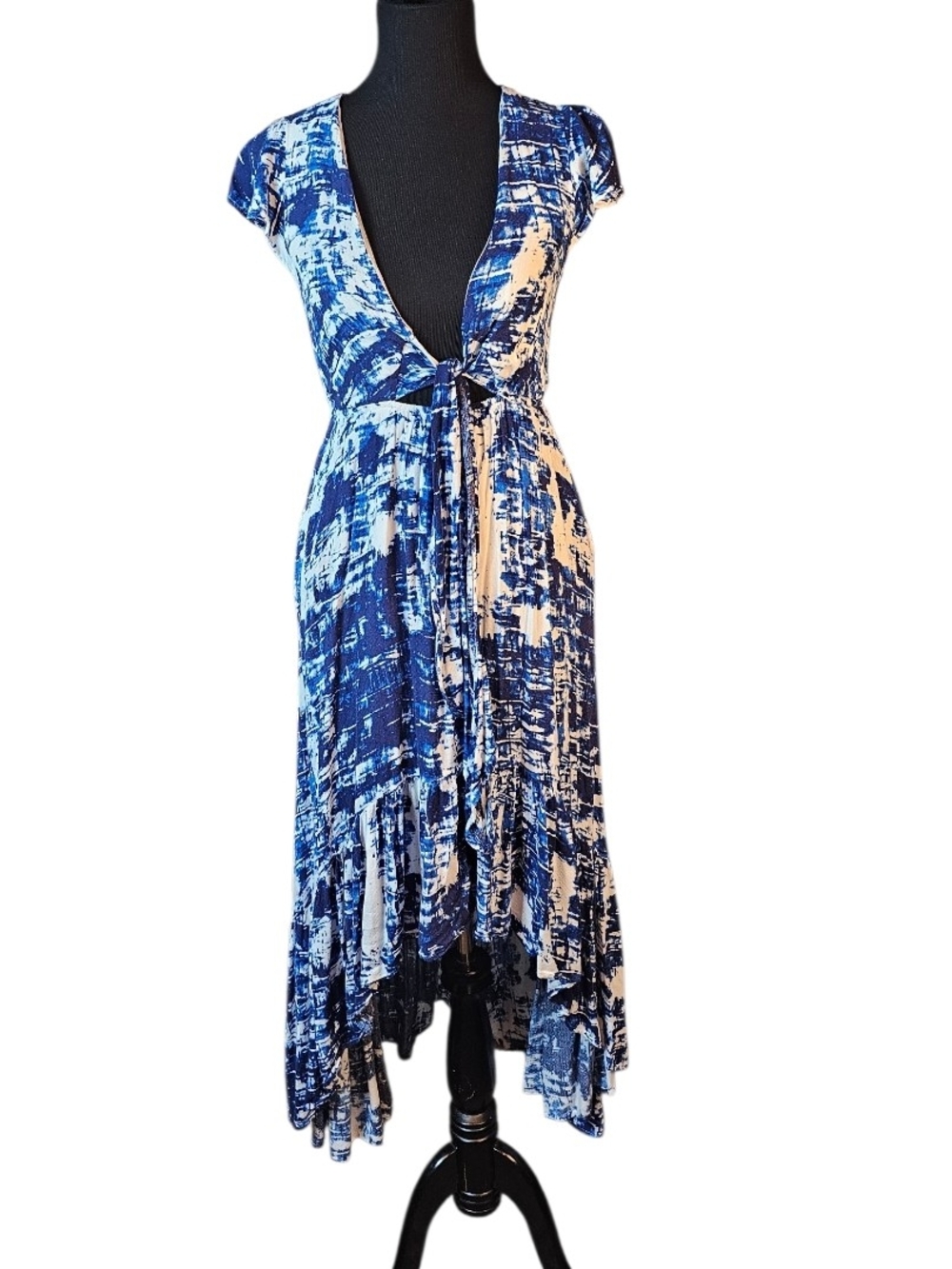 VICI Blue White Tie Front High Low Midi Dress Small Resort Beach Vacation